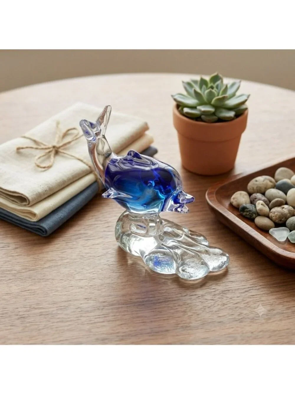 Retro Cobalt Blue Encased Glass Dolphin Figurine Abstract Wave Paperweight